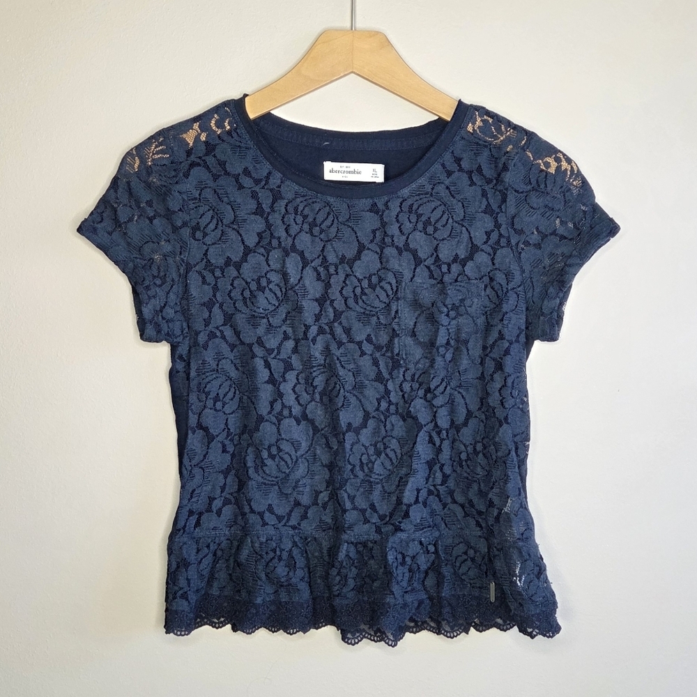 Y2K Abercrombie Kids Navy Blue Sheer Lace Front Peplum Top Girls Size XL Boho